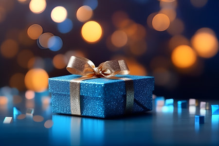 Bright Christmas present on a blue background and blurry lights. With Generative AI technology.の素材