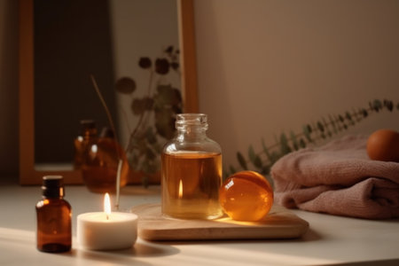 Skin care oil, natural cosmetics, spa treatments on a gray background. With Generative AI technology.の素材