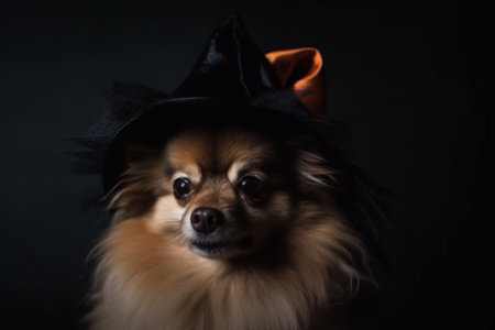 Halloween card. A dog on a dark background in a mantle, a witch's costume and a cap. With Generative AI technology.の素材