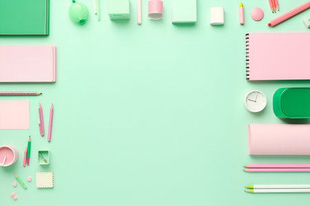 School supplies, minimalistic and aesthetic in a pink and green palette. With Generative AI technology.の素材