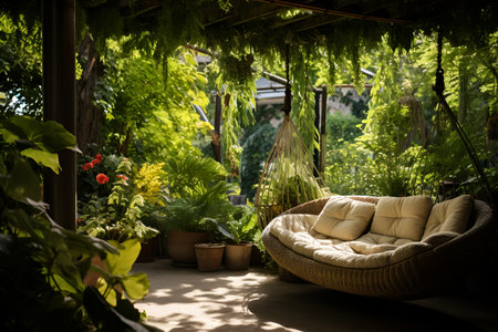 The garden on the balcony is a quiet retreat, pleasure and relaxation in a green environment. With Generative AI technology.の素材