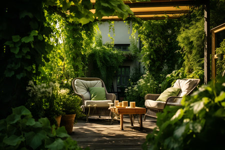 The garden on the balcony is a quiet retreat, pleasure and relaxation in a green environment. With Generative AI technology.の素材