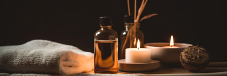 Skin care oil, natural cosmetics, spa treatments on a gray background. With Generative AI technology.の素材