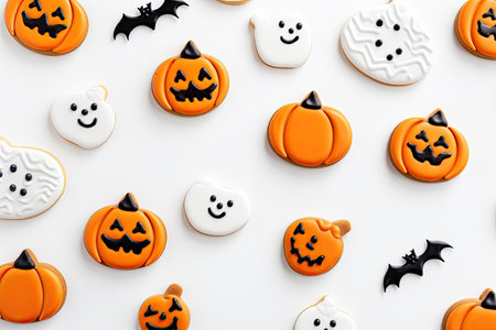 Homemade Halloween cookies on a white background, top view. With Generative AI technology.の素材