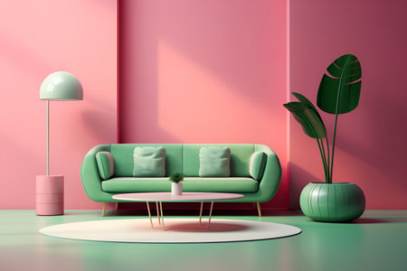 Minimalistic and aesthetic interior in a pink-green palette. With Generative AI technology.の素材