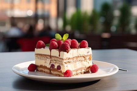 Tiramisu with raspberries, sweet dessert, FoodTok fashion and trend, Italian treat, fruity dessert. With Generative AI technology.の素材