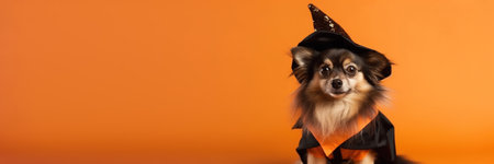 Halloween card. A dog on a orange background in a mantle, a witch's costume and a cap. With Generative AI technology.の素材