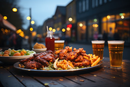 Oktoberfest beer glass and fried chicken on festival background. With Generative AI technology.の素材