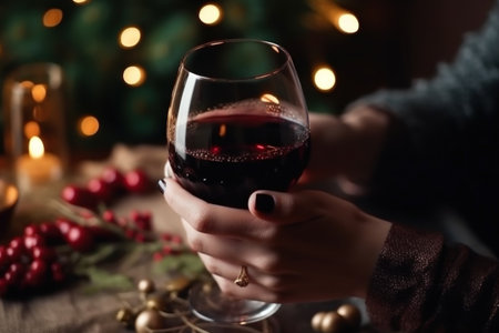 A glass of wine in a hand against the background of a Christmas tree and glare. With Generative AI technology.の素材