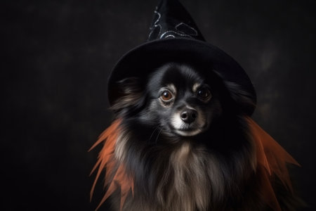 Halloween card. A dog on a dark background in a mantle, a witch's costume and a cap. With Generative AI technology.の素材