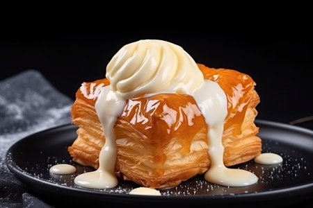 Croissant in the shape of a cube is poured with cream. trending. With Generative AI technology.の素材