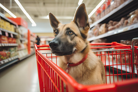 A dog in a supermarket basket next to groceries. close-up. With Generative AI technology.の素材
