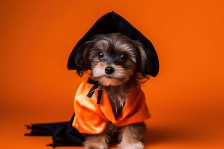 Halloween card. A dog on a orange background in a mantle, a witch's costume and a cap. With Generative AI technology.の素材