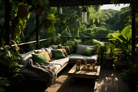 The garden on the balcony is a quiet retreat, pleasure and relaxation in a green environment. With Generative AI technology.の素材