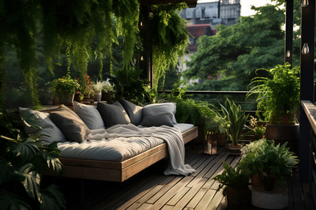 The garden on the balcony is a quiet retreat, pleasure and relaxation in a green environment. With Generative AI technology.の素材