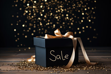 Black Friday. Black christmas boxes with golden ribbon on black background with copy space for text. With Generative AI technologyの素材