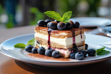 Tiramisu with blueberries, sweet dessert, FoodTok fashion and trend, Italian treat, fruity dessert. With Generative AI technology.の素材
