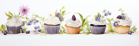 Cupcakes decorated with wildflowers in sage green and apothecary aesthetics. Generative AI technology.の素材