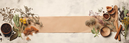 Herbal apothecary aesthetic. Dry herbs and flowers on a beige background. With Generative AI technology.の素材