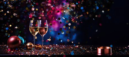 Glasses of sparkling wine on a Christmas and New Year background with glitz and glamor, rich jewel tones. With Generative AI technology.の素材