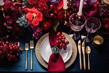 Decorate your Christmas and New Year's table with glitz and glamor, in rich jewel tones. With Generative AI technology.の素材