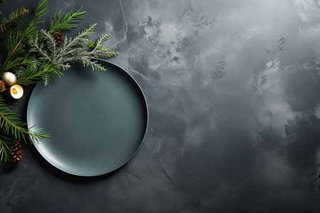 Decorated festive table for Christmas and New Year with glitter and glamor, in the moody botanical trend. With Generative AI technology.の素材