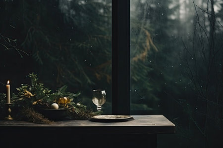 Decorated festive table for Christmas and New Year with glitter and glamor, in the moody botanical trend. With Generative AI technology.の素材