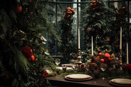 Decorate your Christmas and New Year's table with glitz and glamor, in rich jewel tones. With Generative AI technology.の素材