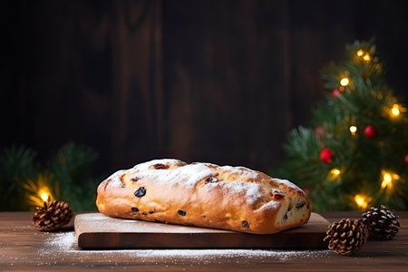 Christmas stollen on a festive background. Christmas log on a festive background. With Generative AI technology.の素材