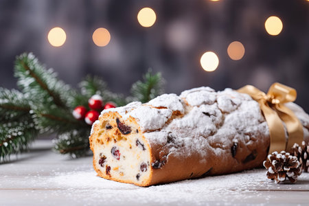 Christmas stollen on a festive background. Christmas log on a festive background. With Generative AI technology.の素材