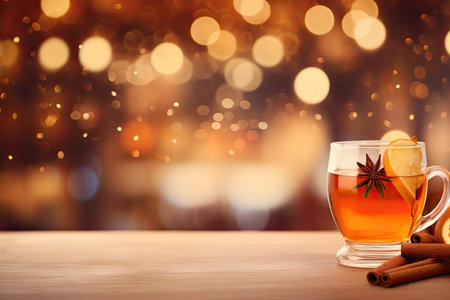 Spiced cider - cider with spices. Against the backdrop of glare and Christmas. With Generative AI technology.の素材