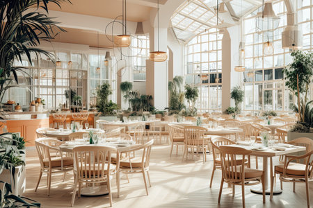 Advertising the concept of a food hall, interior in beige tones, trendy atmosphere, space and different options. With Generative AI technology.の素材