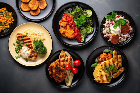 Advertising of the food hall concept, dishes, plates in different versions in a modern style, trendy atmosphere. On a dark background. With Generative AI technology.の素材