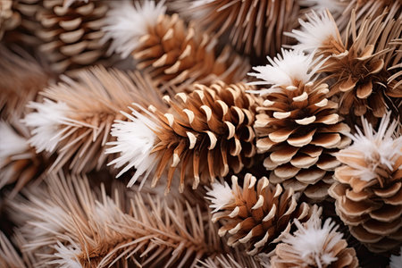 Winter magical background for lettering, fir branches with cones, empty space. With Generative AI technology.の素材