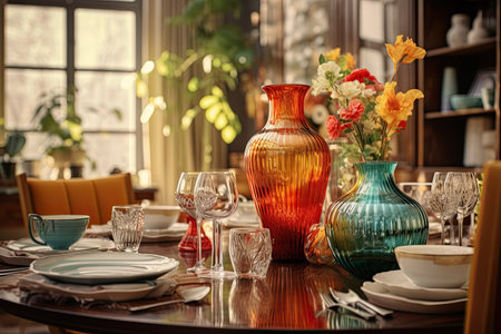 Dining room in trendy style. Modern and vintage furniture accompany each other, colorful dishes and rustic chic - maximalism is in full swing. With Generative AI technology.の素材