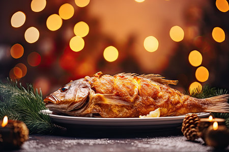 Feast of the Seven Fishes. Fried fish on a Christmas background. With Generative AI technology.の素材