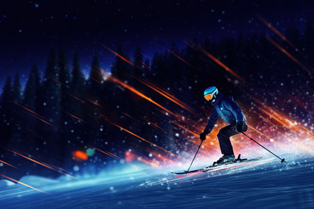 Italian tradition of skiing at midnight on Christmas Day. Midnight skiing. With Generative AI technology.の素材