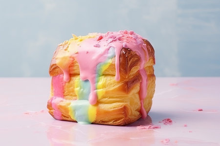 A cube-shaped croissant covered with multi-colored icing and sprinkled with flowers. With Generative AI technology.の素材