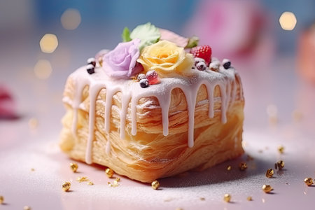 A cube-shaped croissant covered with multi-colored icing and sprinkled with flowers. With Generative AI technology.の素材