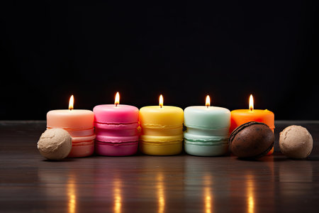 Artificial food decor, unusual candles in the form of macaroons, bright and unusual. Pink and blue colors. With Generative AI technology.の素材