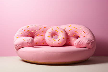 Artificial food decor, unusual donut sofa, bright and unusual. Pink and blue colors. With Generative AI technology.の素材