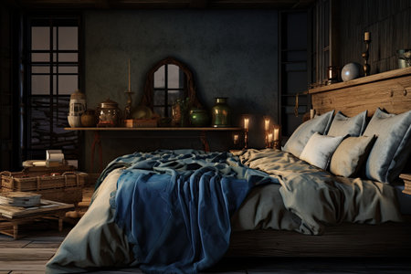 Bedroom in a trendy style. Modern and vintage furniture accompany each other, colorful dishes and rustic chic - maximalism is in full swing. With Generative AI technology.の素材