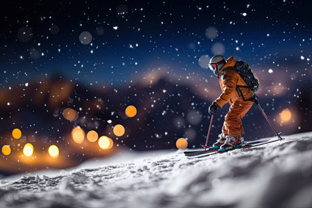 Italian tradition of skiing at midnight on Christmas Day. Midnight skiing. With Generative AI technology.の素材