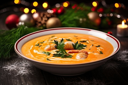 Seafood soup on a Christmas background. Feast of the Seven Fishes. With Generative AI technology.の素材