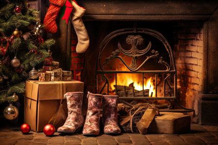 It is a French tradition for children to leave their shoes by the fireplace in the hope that Santa will fill them with gifts and goodies overnight. With Generative AI technology.の素材