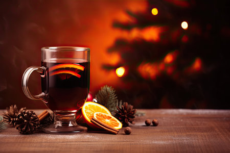 Mulled wine, richly colored red wine brewed with spices. On a Christmas background. With Generative AI technology.の素材