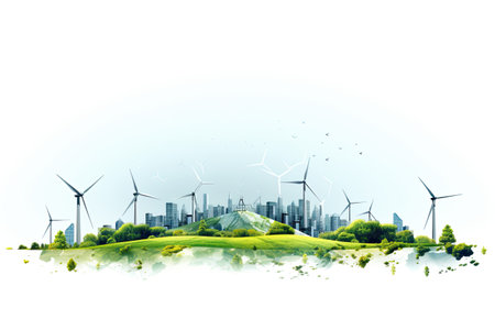 Renewable energy sources include wind turbines, solar panels, heat pumps and other types of clean energy. With Generative AI technology.の素材