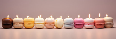 Artificial food decor, unusual candles in the form of macaroons, bright and unusual. Pink and blue colors. With Generative AI technology.の素材