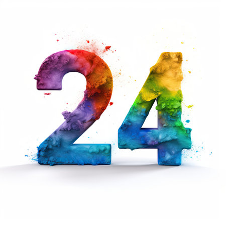 Numeral of the year 24 in rainbow color on a light white background. With Generative AI technology.の素材
