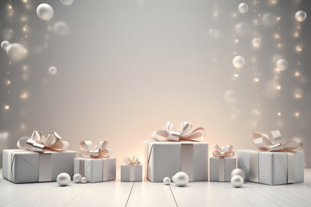 A set of gifts in New Year's packaging, festive mood. White gift wrapping with a satin ribbon bow. Located on a silver background. With Generative AI technology.の素材